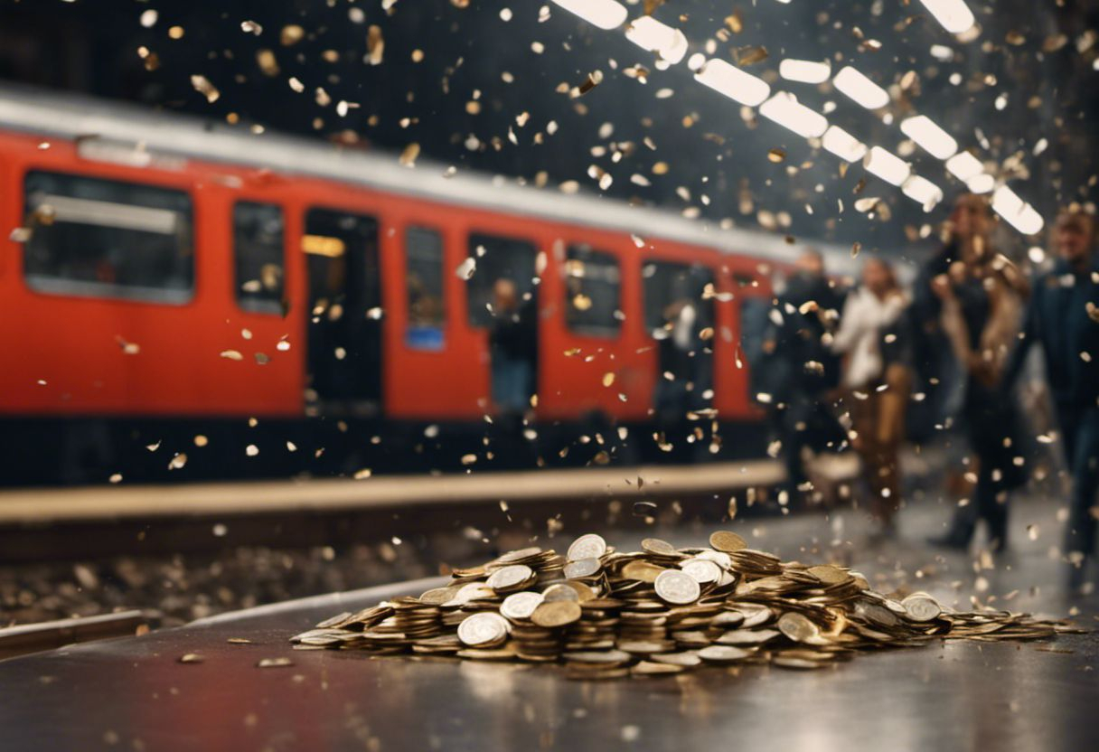 Scène festive avec argent tombant à la gare