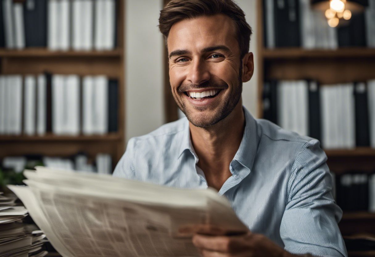 Homme souriant avec une loupe sur des documents