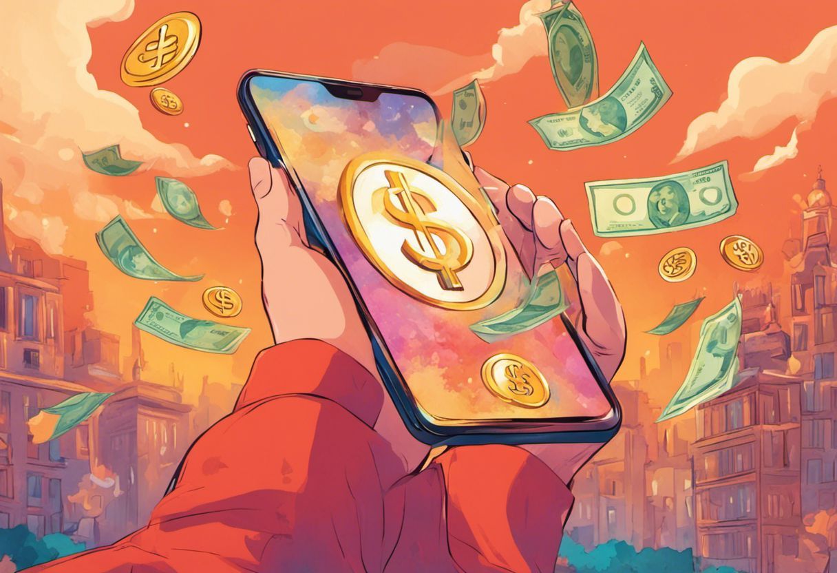 Illustration fantaisiste: une personne tenant un téléphone avec symbole de l'argent